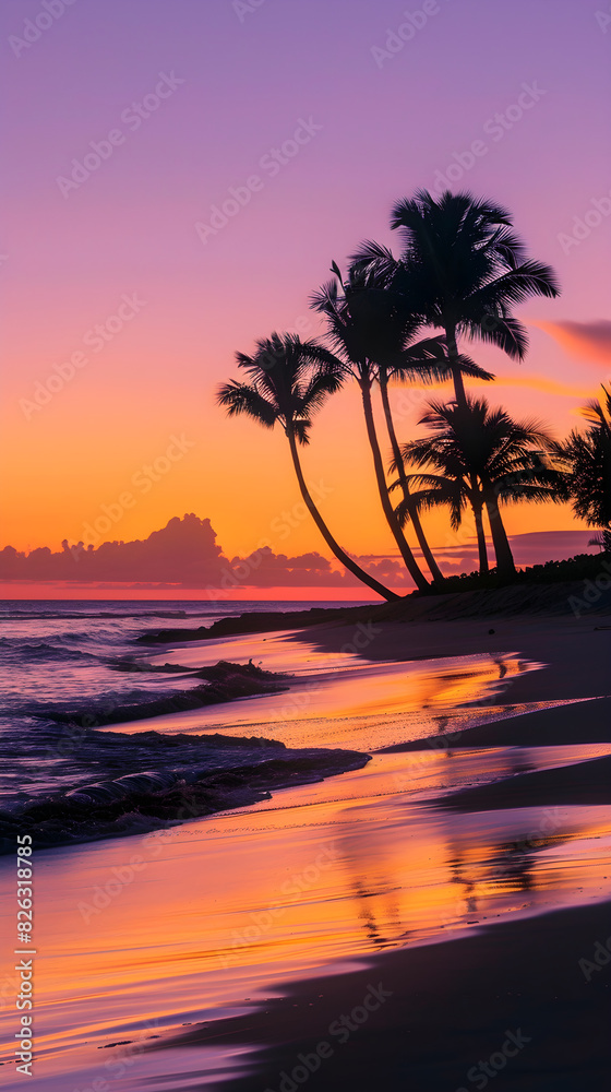 Harmonious Blend of Nature: Serene Beach Sunset with Swaying Palm Trees