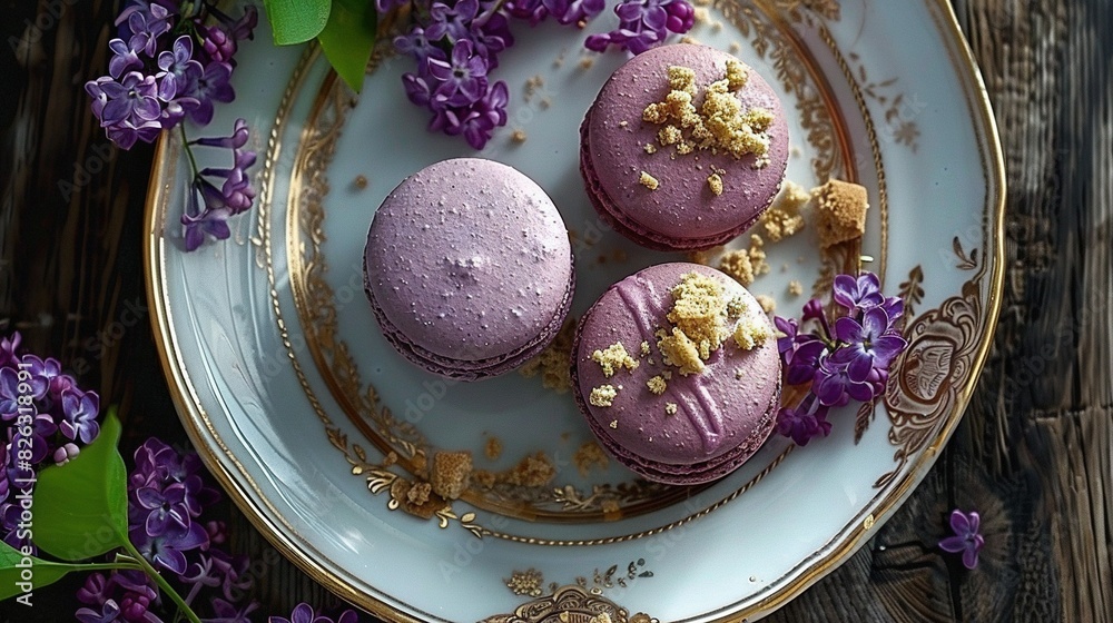White plate with three purple macaroni and cheese, covered in icing and sprinkles White plate with three purple macaroni and cheese, covered in icing and sprinkles