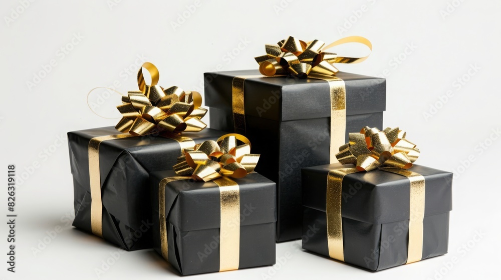Several black gift boxes with gold accents on a black Friday minimalist background Several black gift boxes with gold accents on a black Friday minimalist background