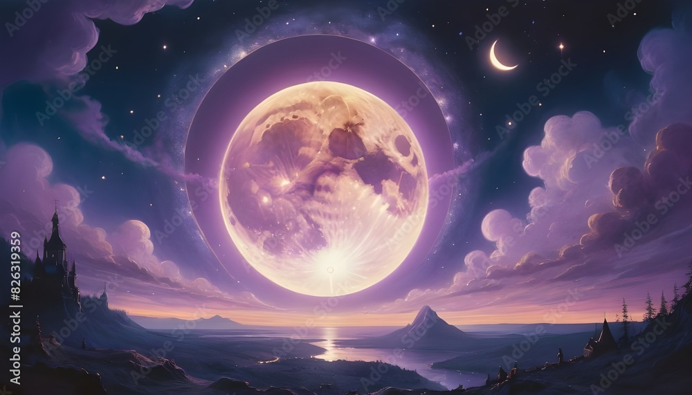 Purple, starry sky gold eclipse,Fantasy Realism,Magical Environments,Epic Adventures,Intricate Details,Enchanting Purple, starry sky gold eclipse,Fantasy Realism,Magical Environments,Epic Adventures,Intricate Details,Enchanting