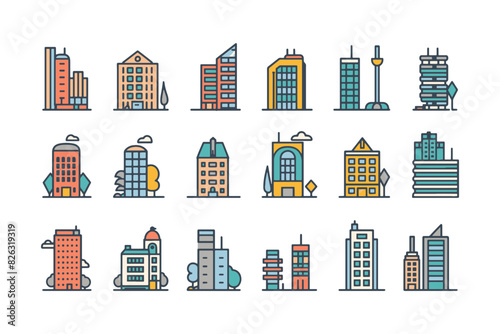 Urban buildings icon set, city architecture svg vector icons