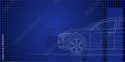 blue background with modern car, automotive, empty space - vector illustration