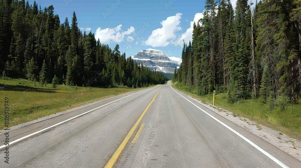  A snow-covered mountain looms behind a road flanked by trees in a forest