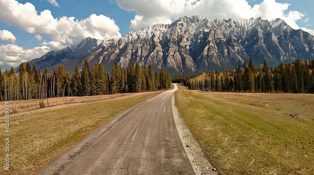  A dirt road lies amidst a field, with a majestic mountain as the backdrop and clouds scattered across the sky