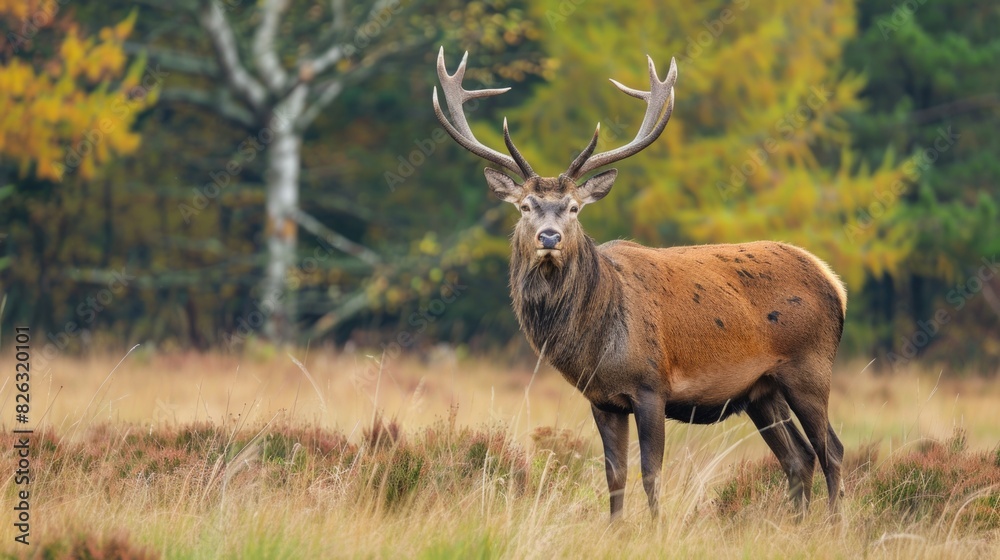 A deer standing in a field with trees in the background. Suitable for nature and wildlife themes