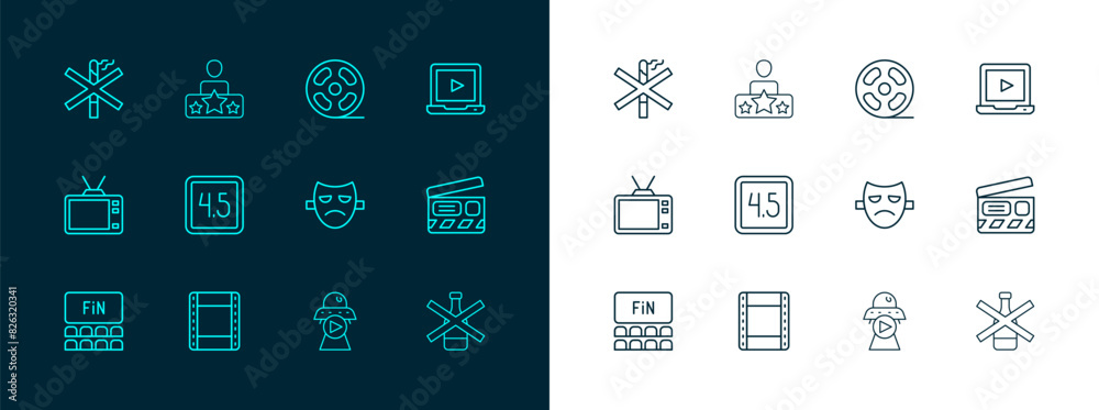 Set line Online play video, Play, Drama theatrical mask, Science fiction, Rating movie, Film reel, No smoking and Actor star icon. Vector Set line Online play video, Play, Drama theatrical mask, Science fiction, Rating movie, Film reel, No smoking and Actor star icon. Vector