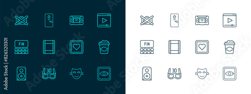 Set line Online play video, 3D cinema glasses, Like heart, Comedy theatrical mask, Play, VHS cassette tape, Prohibition no recording and Backstage icon. Vector