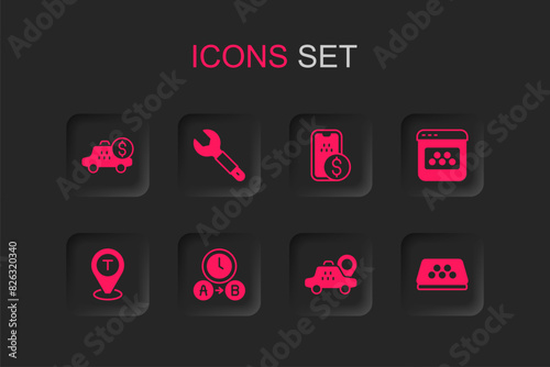 Set Taxi waiting time, Wrench spanner, Taximeter device, Location taxi car, mobile app, roof, Mobile banking and icon. Vector