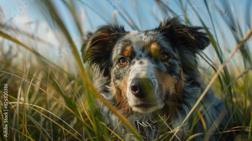 Close up of a dog in tall grass, suitable for nature or pet themes photo