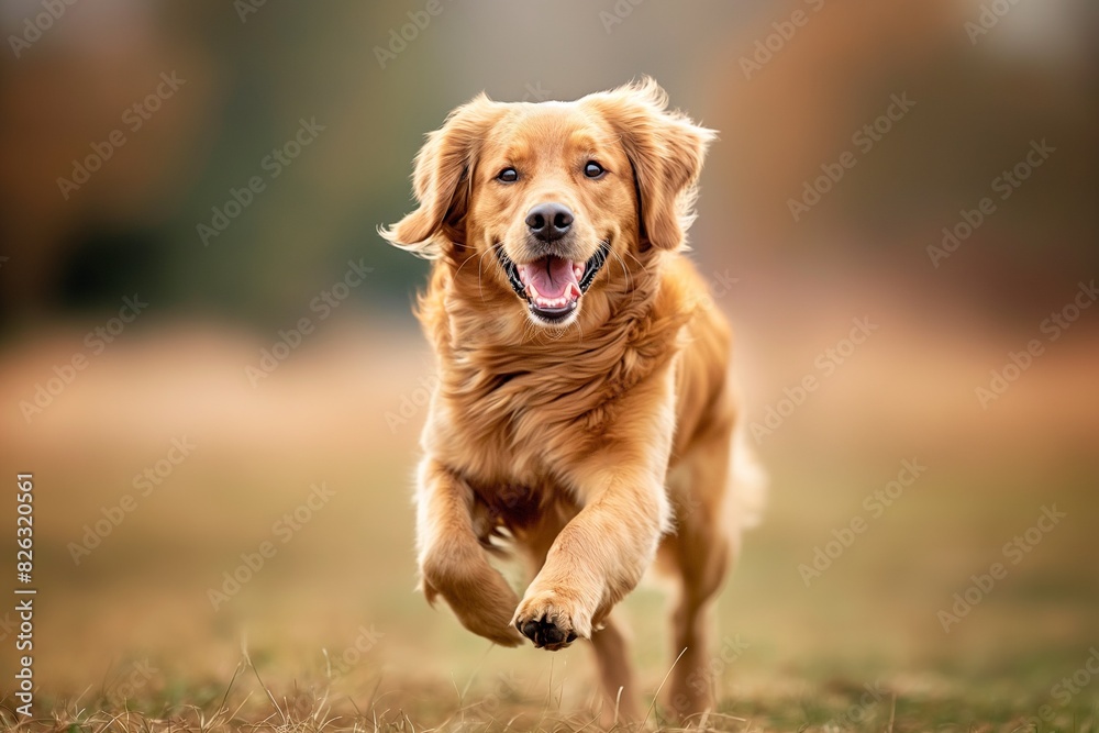 A lively golden retriever dog is captured dashing towards the camera across a lush green lawn. The dog's expression reveals a sense of excitement and exuberance. A lively golden retriever dog is captured dashing towards the camera across a lush green lawn. The dog's expression reveals a sense of excitement and exuberance.
