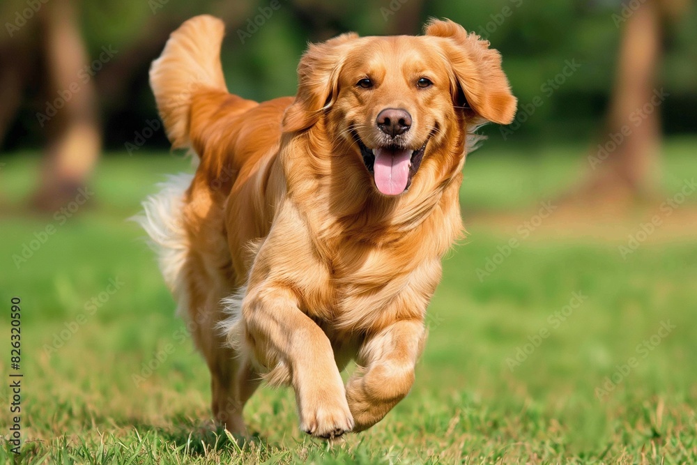 A lively golden retriever dog is captured dashing towards the camera across a lush green lawn. The dog's expression reveals a sense of excitement and exuberance.