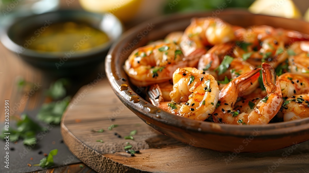 Commercial food photography, Baked Shrimp with Cilantro and sesame sauce, rustic wooden table background, lemon slices in the back.
Commercial food photography, Baked Shrimp with Cilantro and sesame sauce, rustic wooden table background, lemon slices in the back.