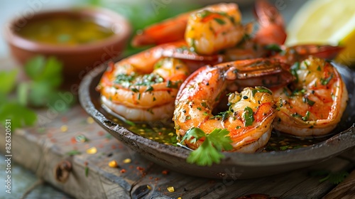 Commercial food photography, Baked Shrimp with Cilantro and sesame sauce, rustic wooden table background, lemon slices in the back. 