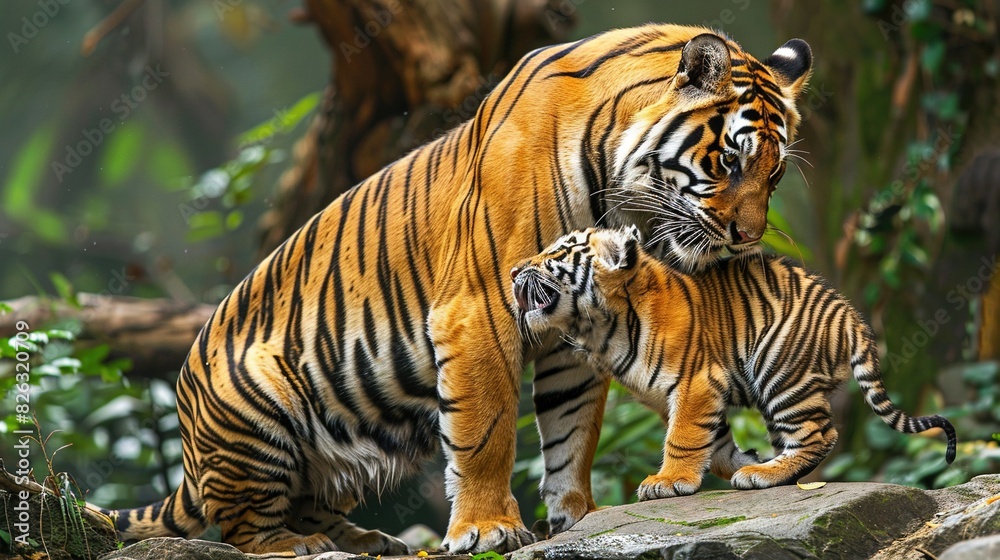   A tiger mother playing with her cub on a rock, surrounded by trees and bushes
