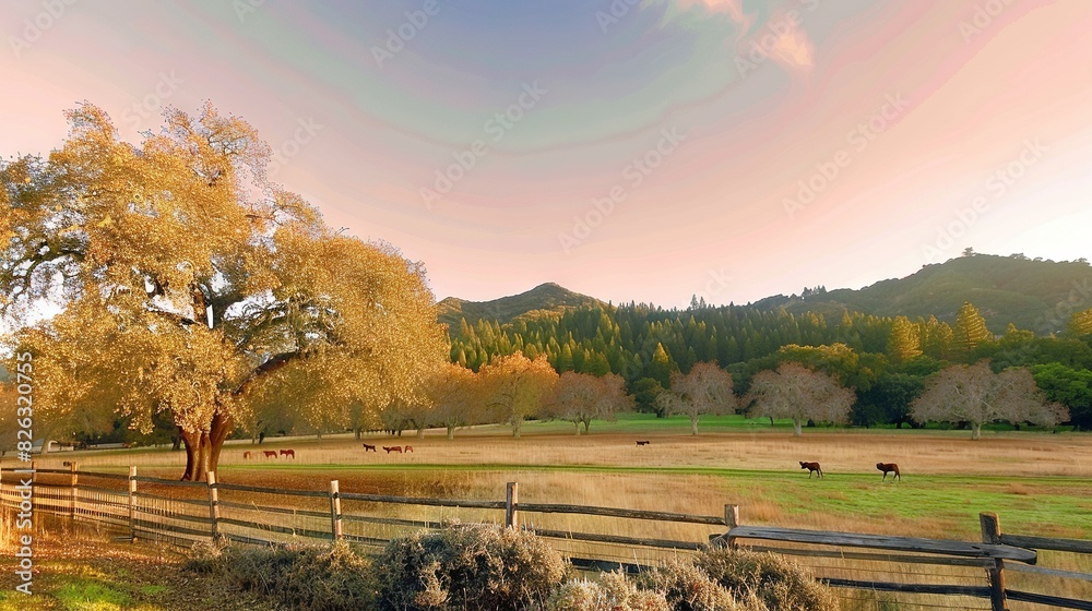 Fototapeta premium A group of cows grazing on a green field near a wooden barrier and tall tree