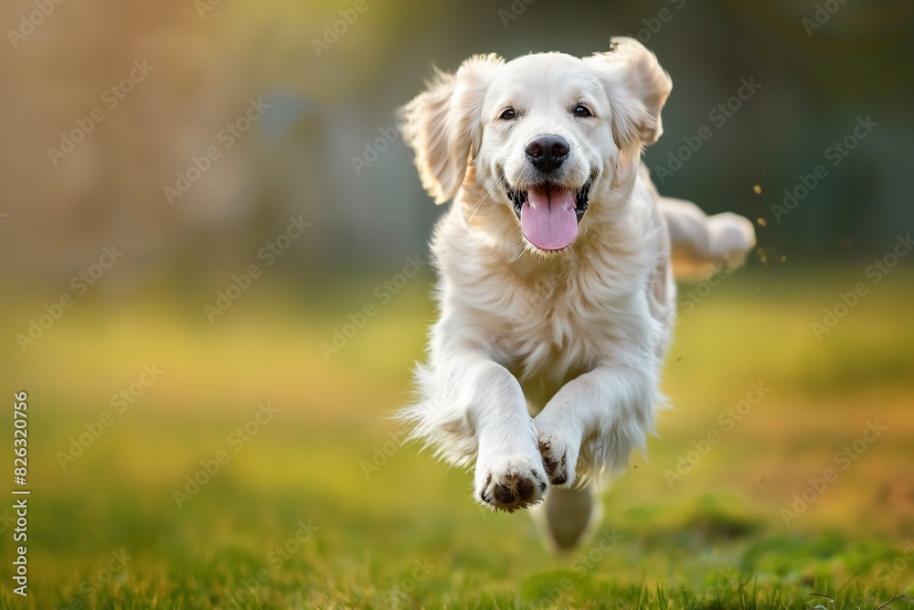 A lively golden retriever dog is captured dashing towards the camera across a lush green lawn. The dog's expression reveals a sense of excitement and exuberance. A lively golden retriever dog is captured dashing towards the camera across a lush green lawn. The dog's expression reveals a sense of excitement and exuberance.