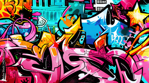 Funky chaotic graffiti bold and multi colored geometric shapes background