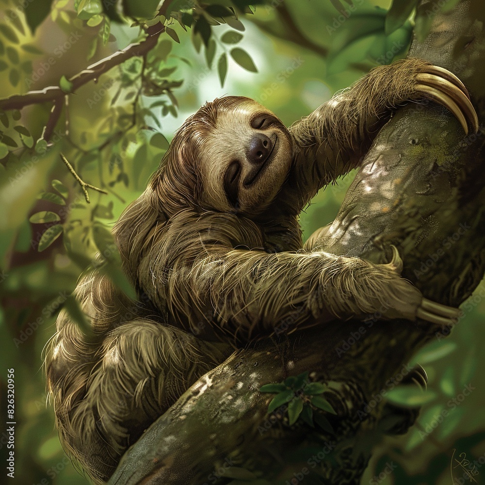 A sloth naps on a tree limb, with its head resting on another branch and eyes shut A sloth naps on a tree limb, with its head resting on another branch and eyes shut