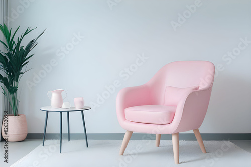 a pink chair in living room. minimal style concept. pastel color style