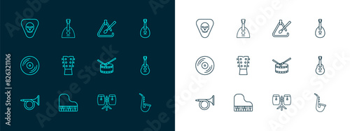Set line Mandolin, Grand piano, Drum with drum sticks, Conga drums, Guitar neck, Triangle musical instrument, pick and Balalaika icon. Vector