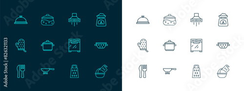 Set line Scales, Frying pan on fire, Oven, Grater, Cooking pot, Kitchen extractor fan, Covered with tray of food and icon. Vector