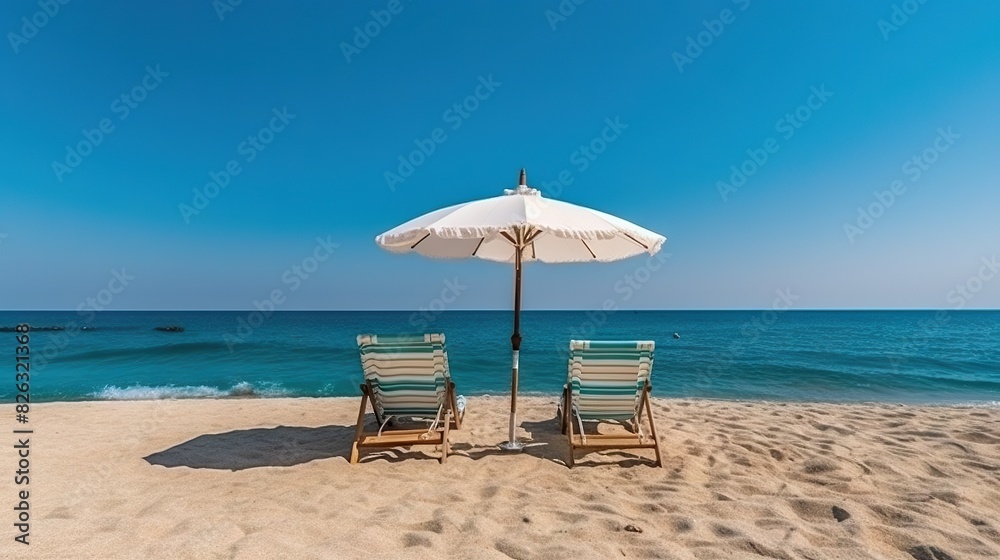 Two striped beach chairs facing the ocean under a large white umbrella on sandy shore, evoking relaxation and vacation
