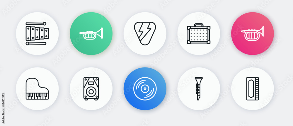 Set line Vinyl disk, Trumpet, Grand piano, Clarinet, Guitar amplifier, pick, Harmonica and Stereo speaker icon. Vector
