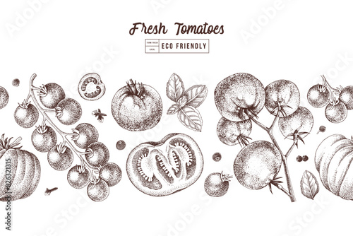 Tomatoes monochrome seamless vector border