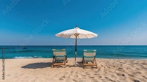Two striped beach chairs facing the ocean under a large white umbrella on sandy shore, evoking relaxation and vacation © AS Photo Family