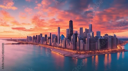 A colorful sunset sky blankets a city s panoramic skyline beside a calm body of water  highlighting urban beauty