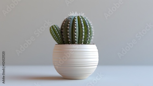 Cactus in a white pot isolated on a plain background  in the minimalist style  on a white table top  with soft lighting  with a natural look. 