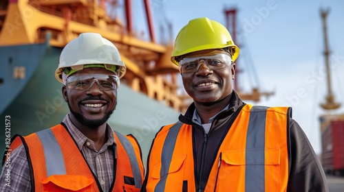 Two industrial workers wearing safety helmets and high-visibility vests stand in a shipyard with cranes and vessel in the background