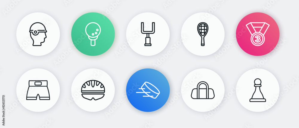 Set line Hockey puck, Medal, Boxing short, Sport bag, Tennis racket, American football goal post, Chess and Bicycle helmet icon. Vector Set line Hockey puck, Medal, Boxing short, Sport bag, Tennis racket, American football goal post, Chess and Bicycle helmet icon. Vector