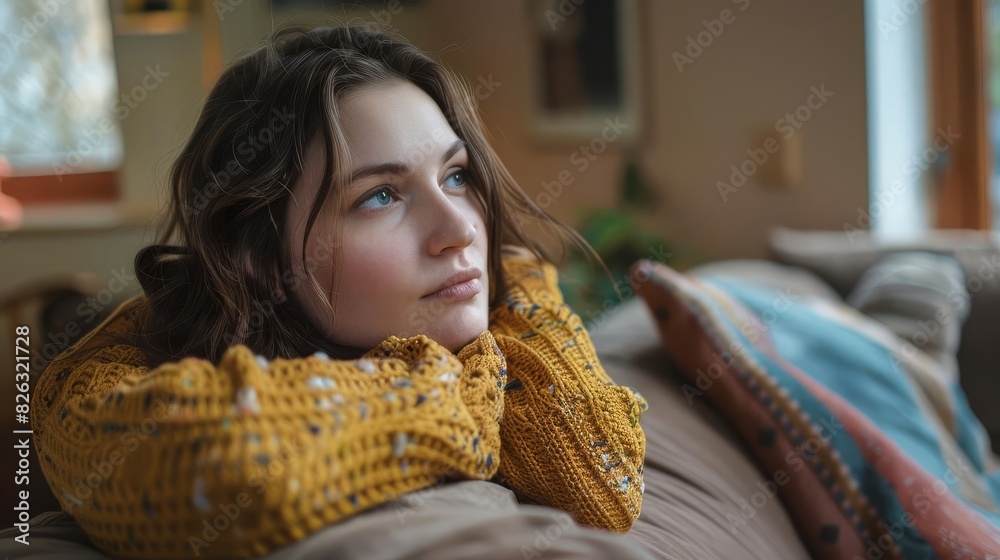 thoughtful woman leaning on sofa at home pensive introspective moment thoughtful woman leaning on sofa at home pensive introspective moment