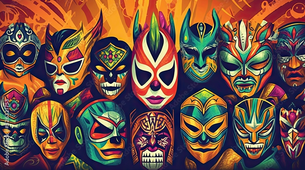 Obraz premium Vibrant artwork featuring various lucha libre masks with intricate designs and vivid colors