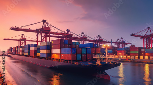 Wallpaper Mural Container cargo ship with cranes at a port during a vivid sunset, reflecting colors on water Torontodigital.ca