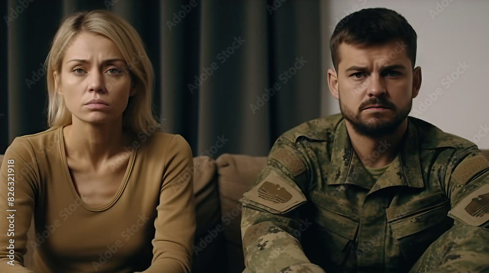 Obraz premium A serious conversation between a civilian woman and a military man in uniform