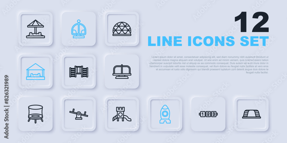 Set line Education logic game, Monkey bar, Swedish wall, Rocket ship toy, Sandbox with sand, Seesaw, Attraction carousel and Slide playground icon. Vector Set line Education logic game, Monkey bar, Swedish wall, Rocket ship toy, Sandbox with sand, Seesaw, Attraction carousel and Slide playground icon. Vector