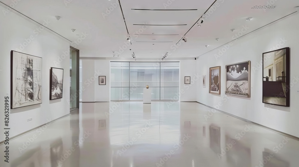 tranquil art gallery with softly lit paintings on pristine white walls minimalist interior photography tranquil art gallery with softly lit paintings on pristine white walls minimalist interior photography