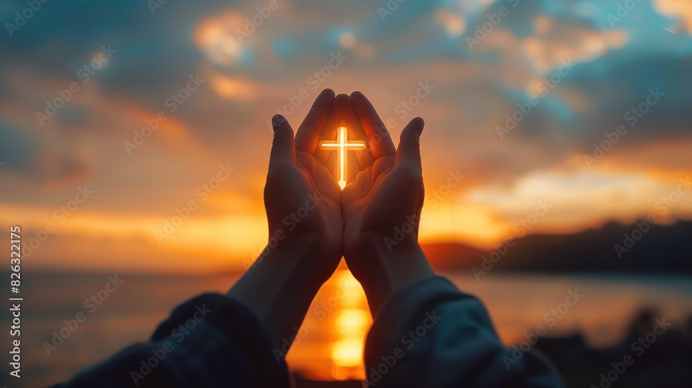 Fototapeta premium Human hands open worship with palm up. cross-shaped sunset light invasion