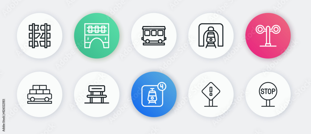 Set line Online ticket booking, Train traffic light, Cargo train wagon, Exclamation mark square, railway tunnel, Passenger cars, Stop sign and Waiting hall icon. Vector