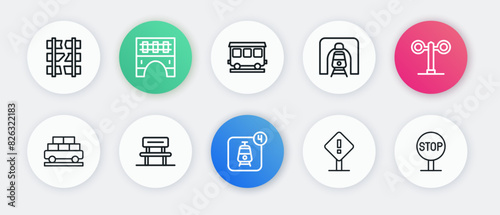 Set line Online ticket booking, Train traffic light, Cargo train wagon, Exclamation mark square, railway tunnel, Passenger cars, Stop sign and Waiting hall icon. Vector