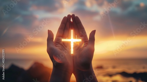 Human hands open worship with palm up. cross-shaped sunset light invasion