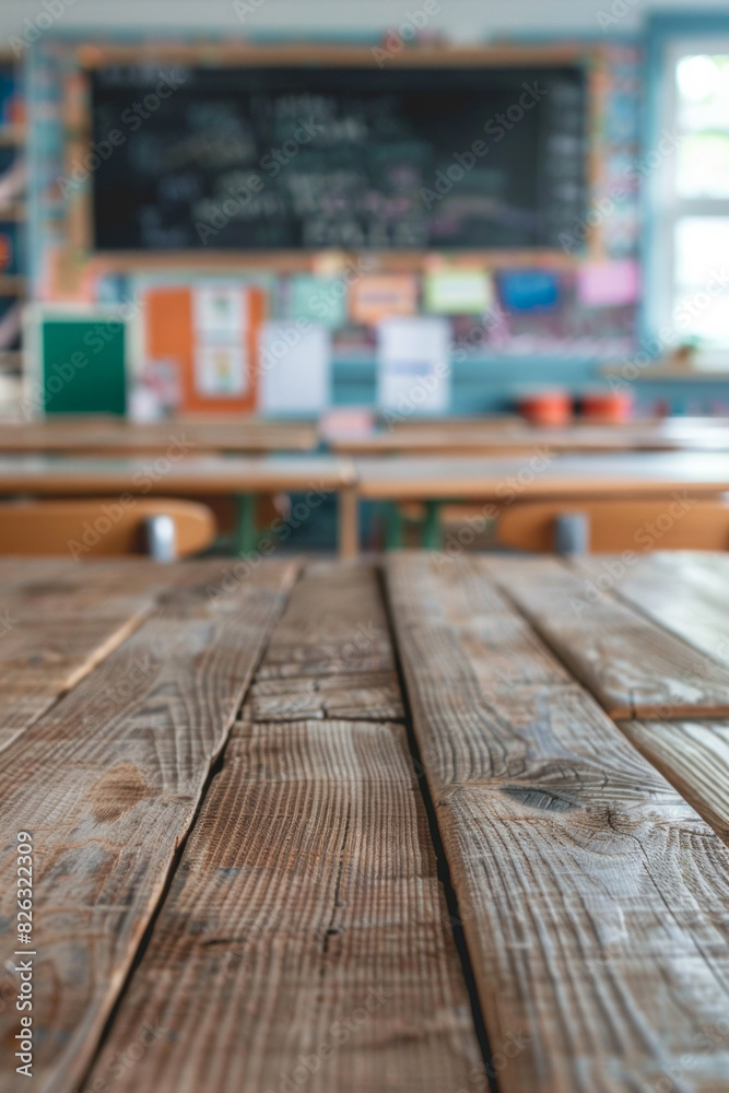 A wooden desk in the foreground with a blurred background of a classroom. The background features student desks, a chalkboard or whiteboard, educational posters on the walls, and shelves. A wooden desk in the foreground with a blurred background of a classroom. The background features student desks, a chalkboard or whiteboard, educational posters on the walls, and shelves.