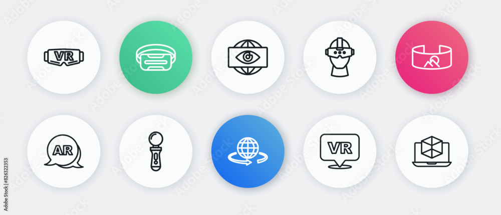 Set line 3d modeling, 360 degree view, Augmented reality AR, Virtual, glasses, Big brother electronic eye, and VR controller game icon. Vector Set line 3d modeling, 360 degree view, Augmented reality AR, Virtual, glasses, Big brother electronic eye, and VR controller game icon. Vector