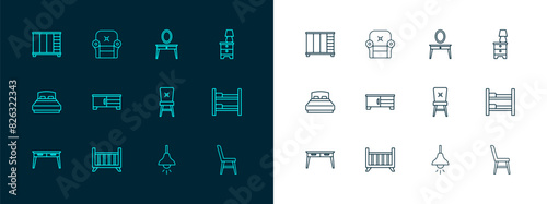 Set line Furniture nightstand with lamp, Baby crib cradle bed, Chair, Lamp hanging, TV table, Dressing, Wardrobe and Armchair icon. Vector