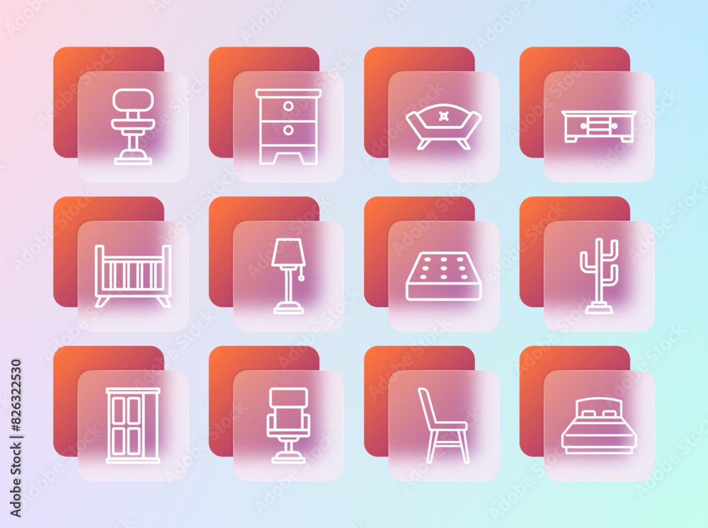 Set line TV table stand, Office chair, Mattress, Chair, Floor lamp, Sofa, and Furniture nightstand icon. Vector Set line TV table stand, Office chair, Mattress, Chair, Floor lamp, Sofa, and Furniture nightstand icon. Vector