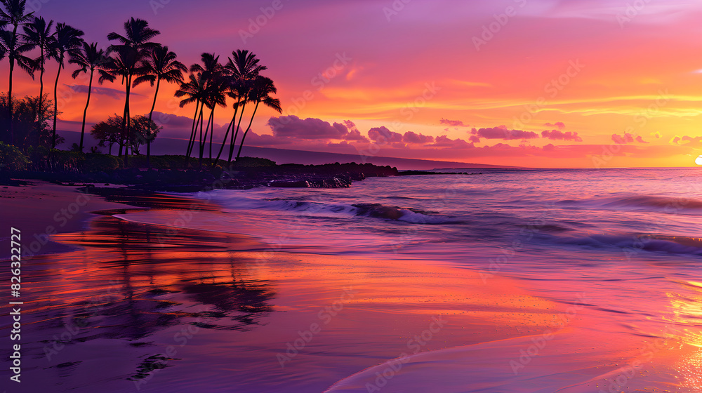 Harmonious Blend of Nature: Serene Beach Sunset with Swaying Palm Trees