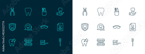 Set line Tooth, Dentures model, Safety goggle glasses, Toothbrush with toothpaste, and, Dental pliers and icon. Vector