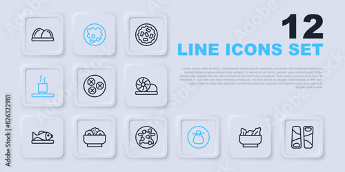 Set line Wonton, Guotie, Cup of tea, Chow mein plate, Rice bowl and Kung Pao chicken icon. Vector